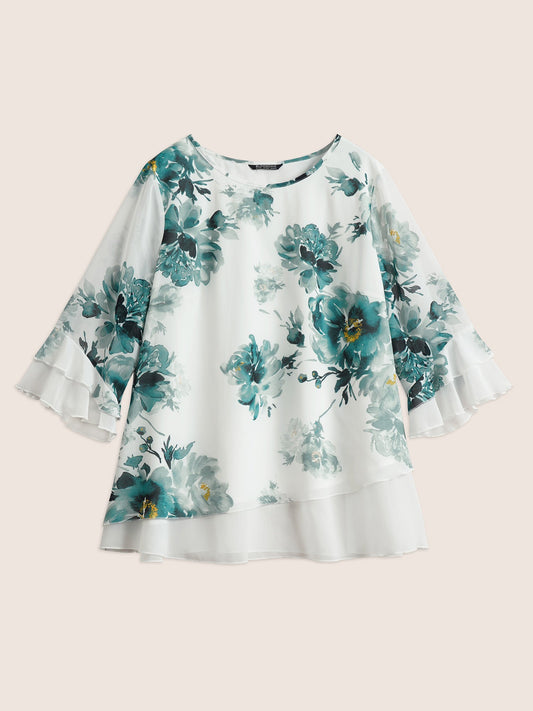 Chiffon Floral Ruffles Layered Patchwork Mesh Blouse
