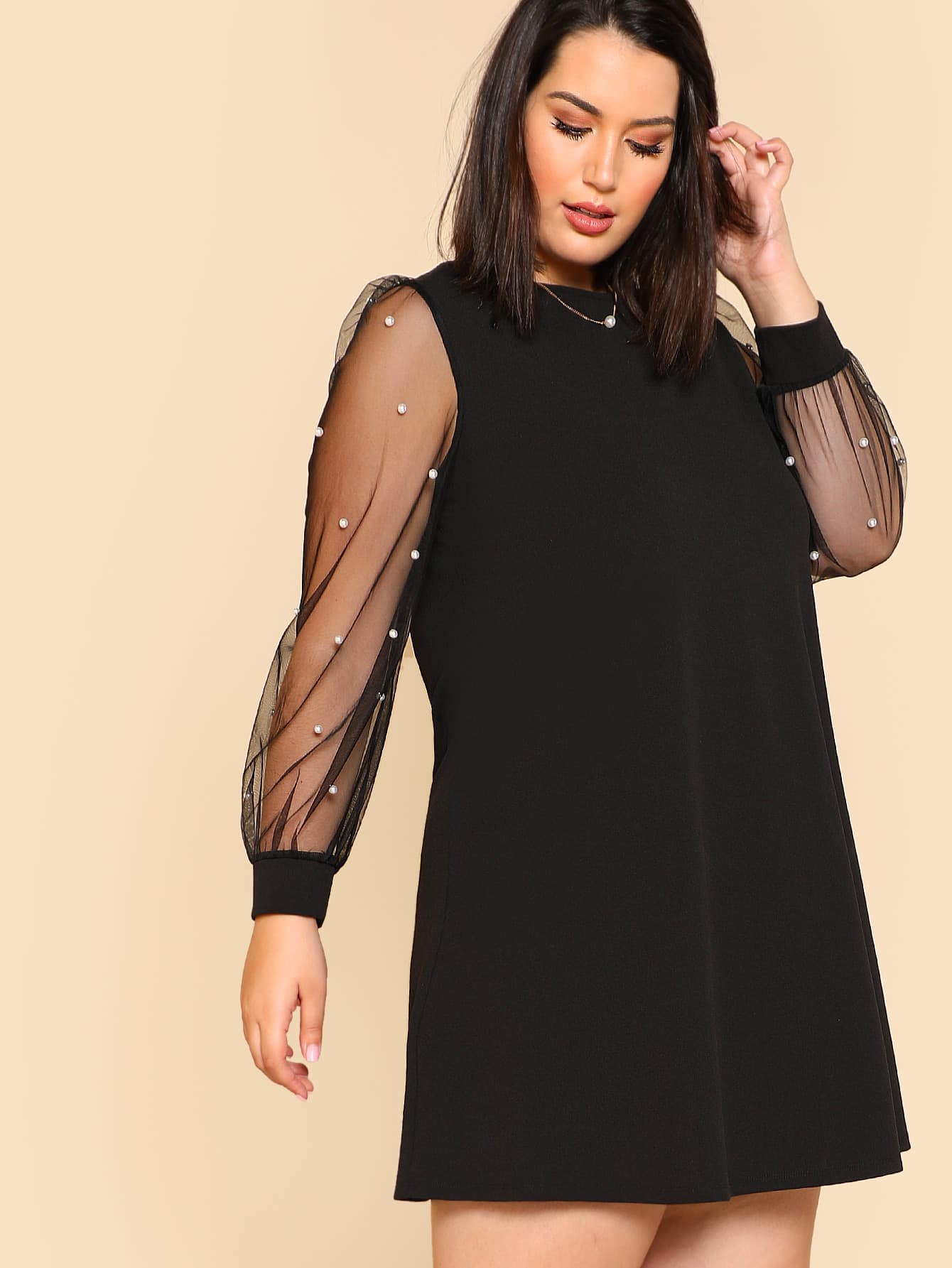 Pearl Beading Mesh Sleeve Dress