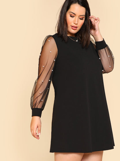 Pearl Beading Mesh Sleeve Dress