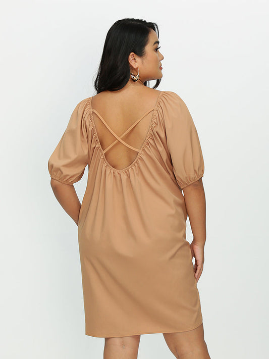 Shirred Round Neck Puff Sleeve Dress