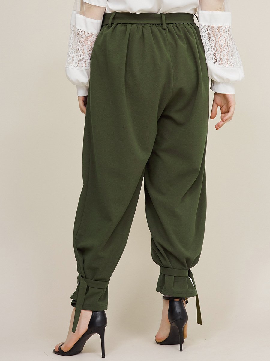 Belt Ankle Big Pockets Solid Casual Pants