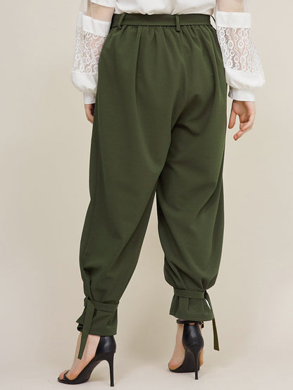 Belt Ankle Big Pockets Solid Casual Pants