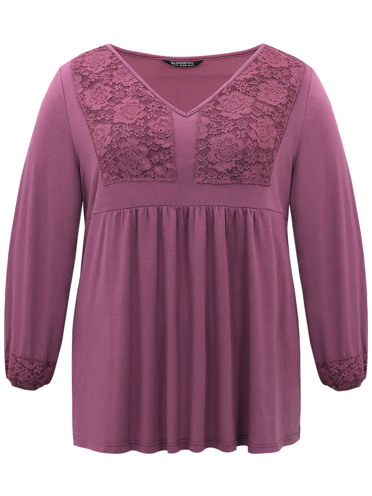 Lace Patchwork Gathered Lantern Sleeve T-shirt