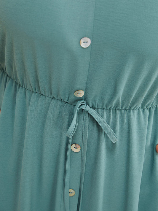 Plain Knot Ruffle Cap Sleeve Gathered Pocket Button Detail Dress
