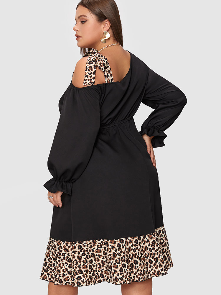 Leopard Patched Asymmetrical Neck Tie Dress