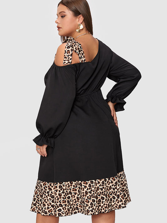 Leopard Patched Asymmetrical Neck Tie Dress