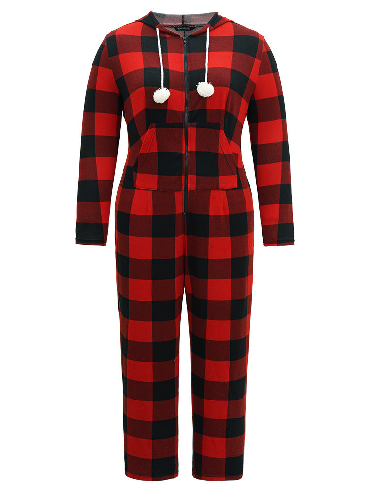 Plaid Zipper Hooded Fluffy Ball Pocket Sleep Jumpsuit