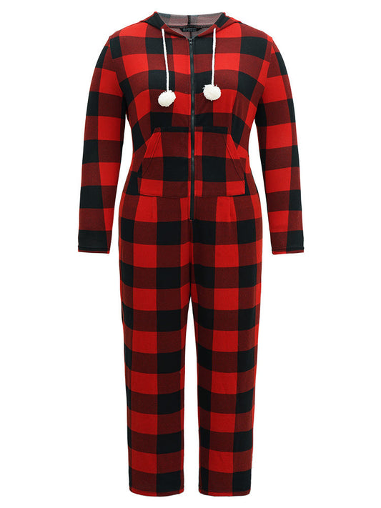 Plaid Zipper Hooded Fluffy Ball Pocket Sleep Jumpsuit