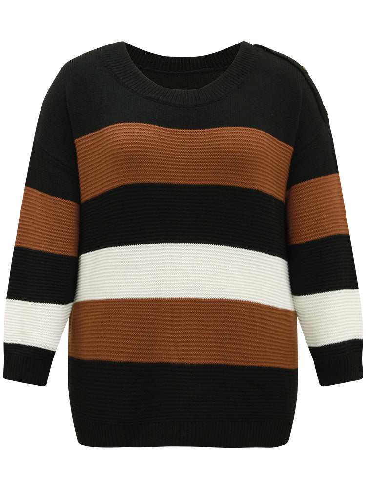 Colorblock Contrast Button Detail Crew Neck Pullover
