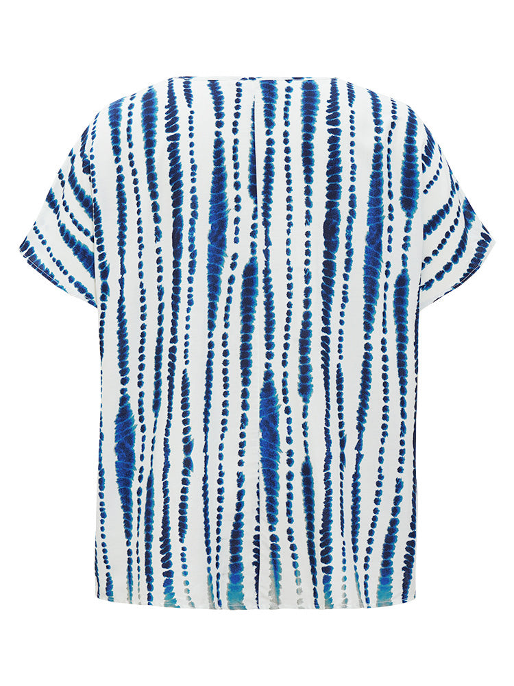 Tie Dye Patchwork Batwing Sleeve Notched Neck Blouse