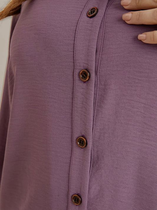 Solid Button Up Crew Neck Blouse