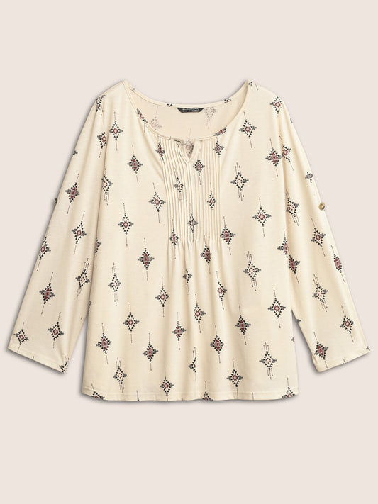Bandana Print Notched Pleated Tab Sleeve T-shirt