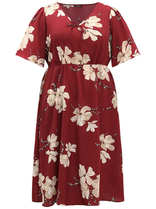 Floral Print Knot Neck Pocket Ruffle Dress