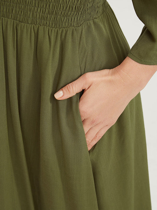 Plain Shirred Pocket Ruffle Trim V Neck Midi Dress