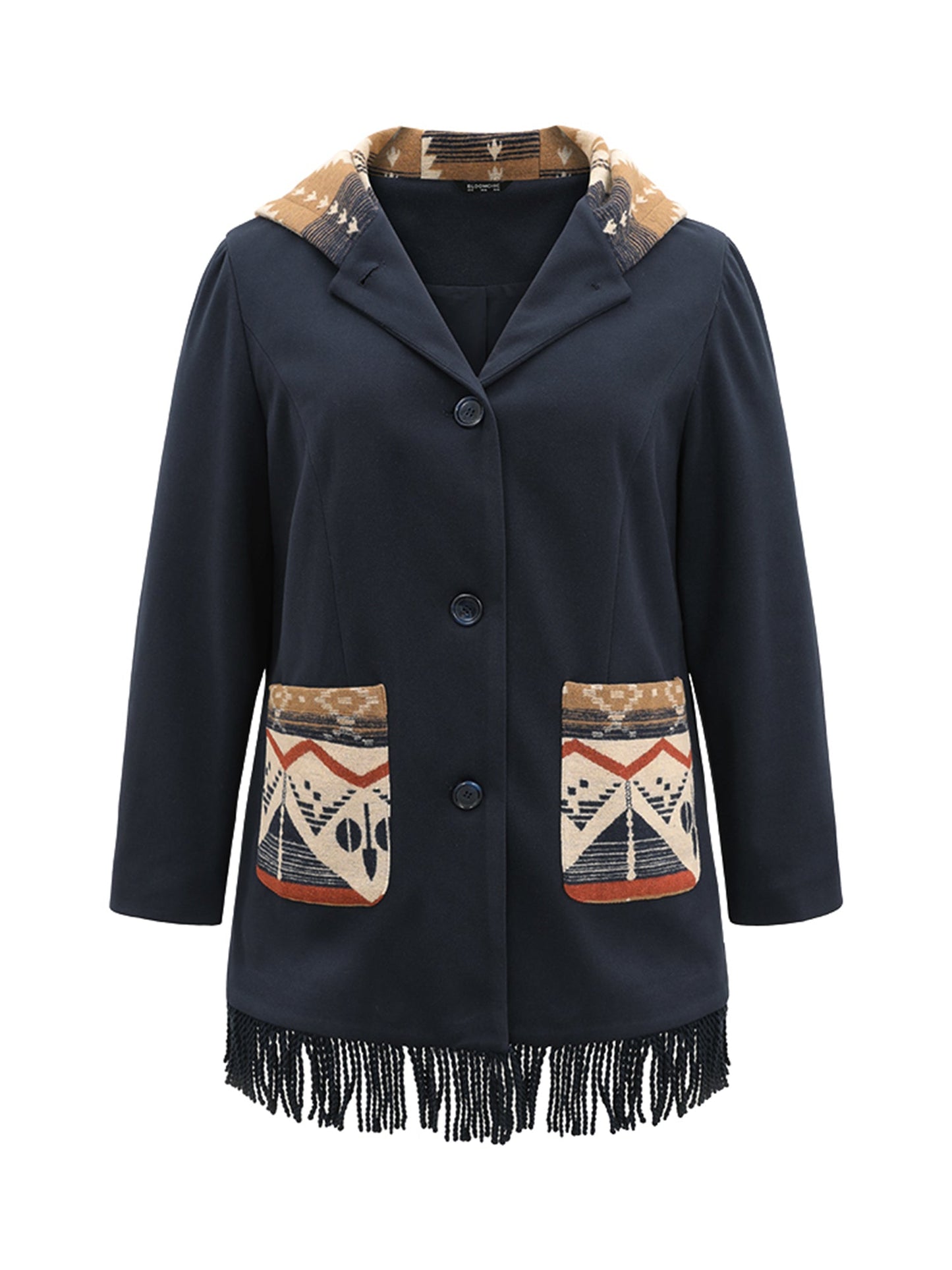 Geometric Contrast Hooded Tassel Trim Coat