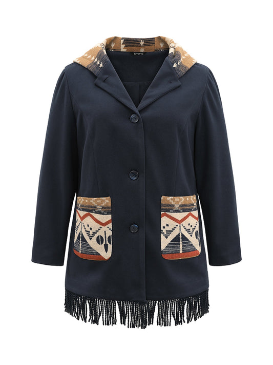Geometric Contrast Hooded Tassel Trim Coat