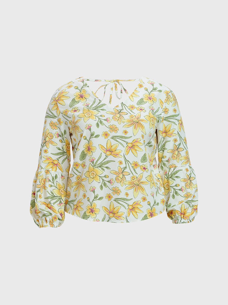 V-neck Floral Lantern Sleeve Blouse