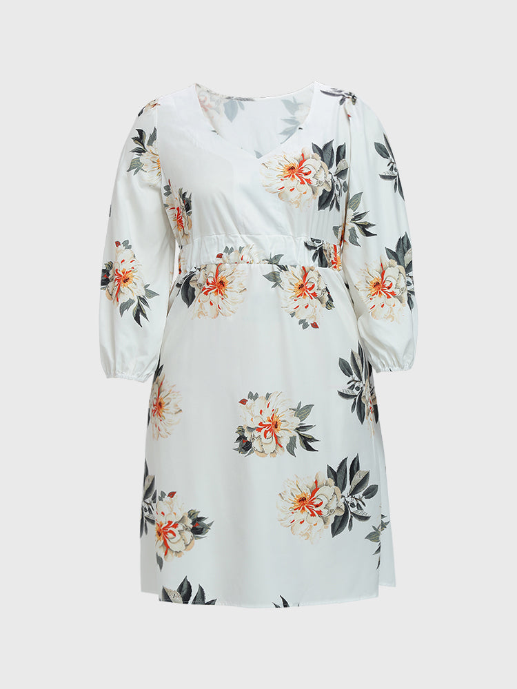 V-neck Floral White Dress