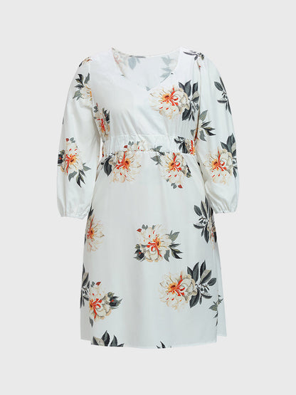 V-neck Floral White Dress