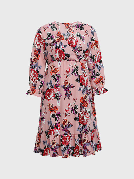 V-neck Lantern Sleeve Floral Dress
