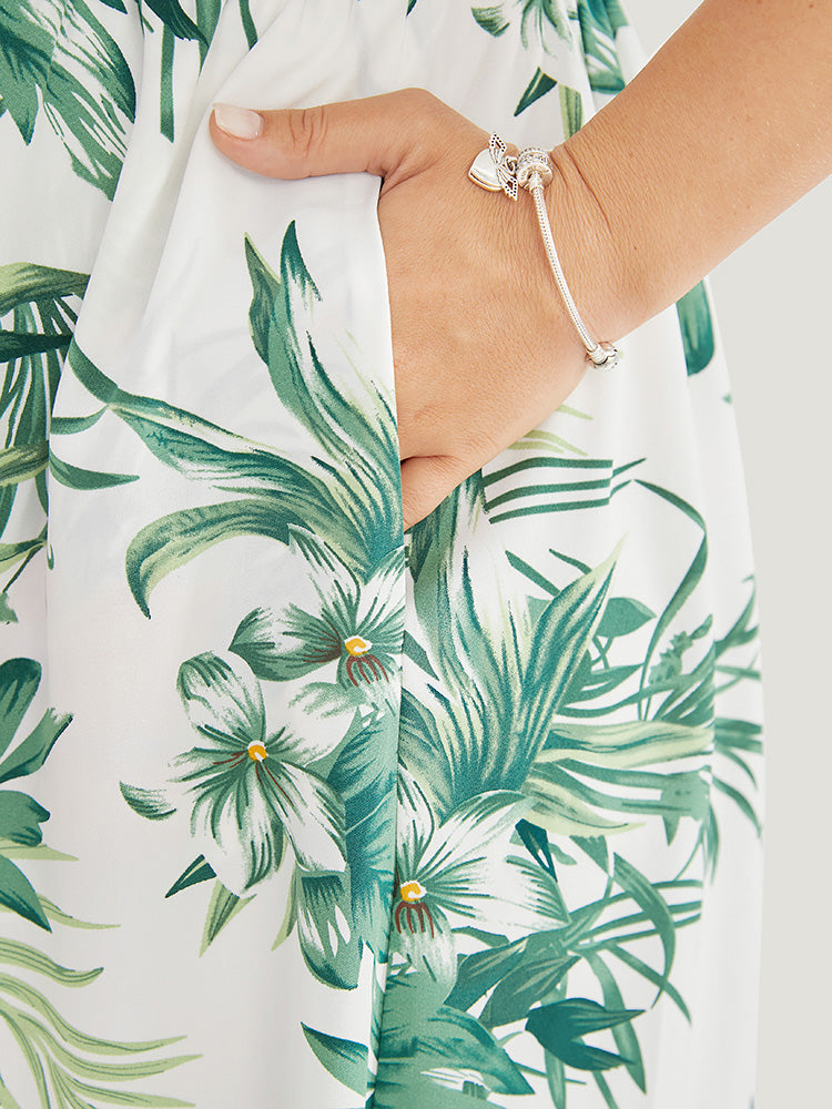 Tropical Print Surplice Neck Pocket Dolman Sleeve Flutter Dress