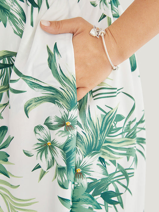 Tropical Print Surplice Neck Pocket Dolman Sleeve Flutter Dress