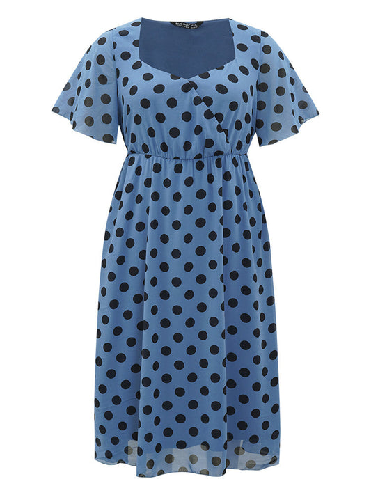 Polka Dot Two Tone Pocket Surplice Neck Dress