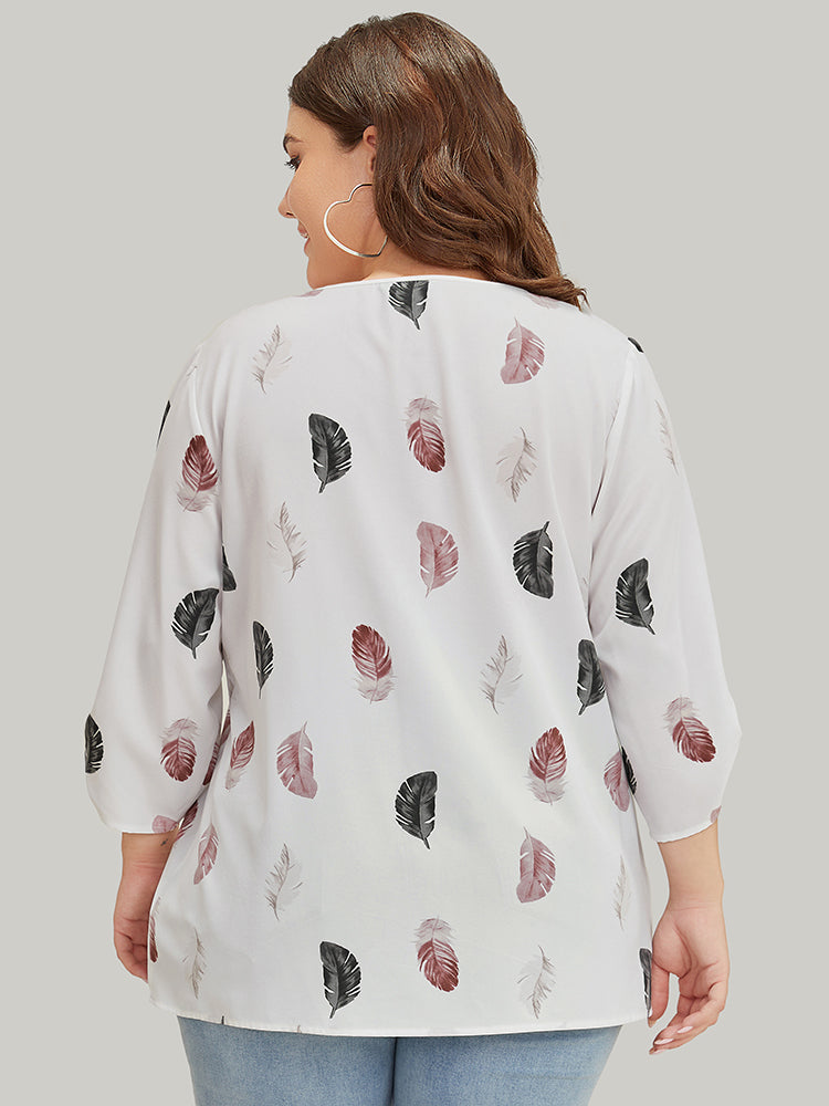 Feather Print Roll Tab Sleeve Blouse