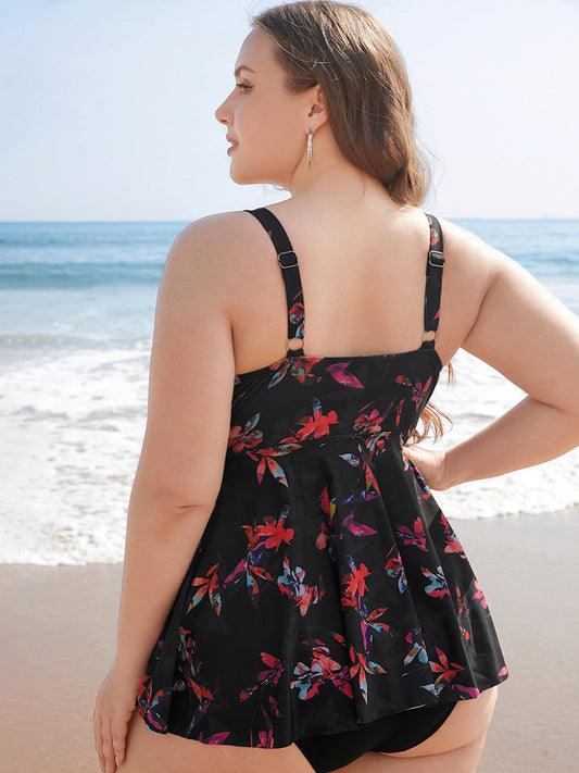 Floral Printed Ruffle Tiered A Line Tankini Top