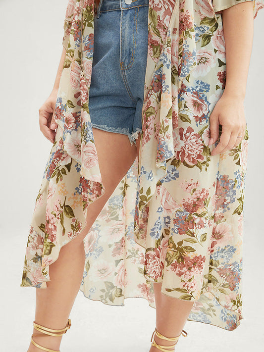 Floral Print Waterfall Collar Open Front Kimono