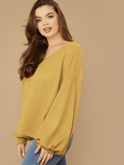 Drop Shoulder Lantern Sleeve Waffle Knit Top