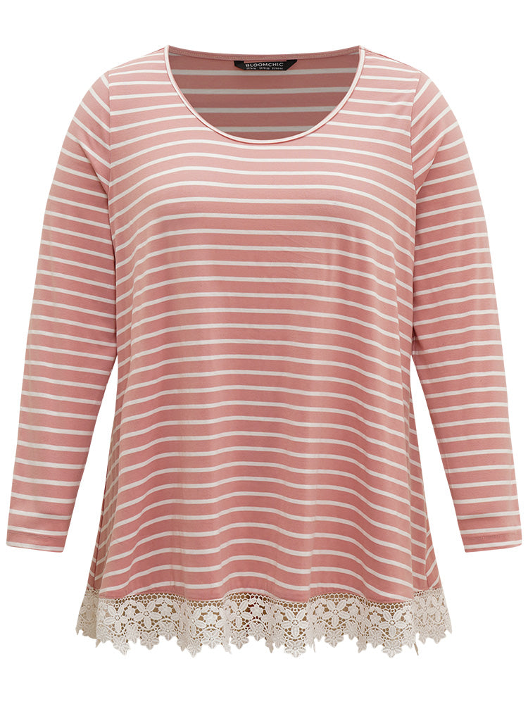 Striped Guipure Lace Crew Neck T-shirt