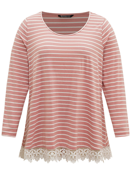 Striped Guipure Lace Crew Neck T-shirt