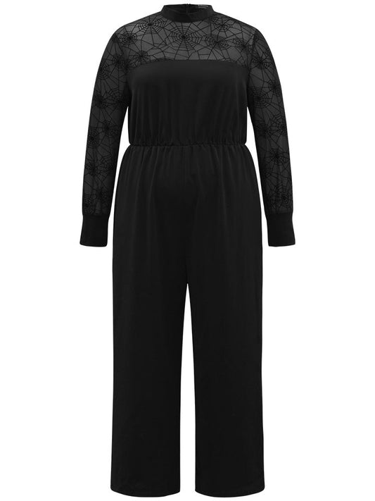 Halloween Anti-Wrinkle Spider Web Crochet Lace Mesh Jumpsuit