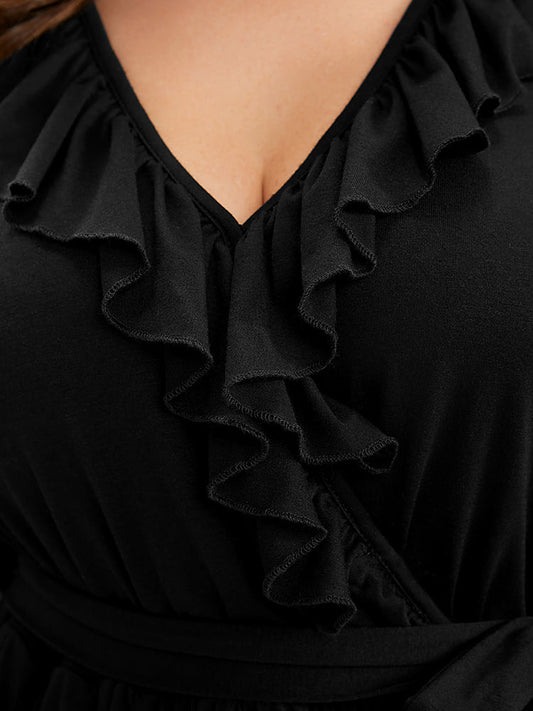 Plain Pocket Ruffle Trim Belted Asymmetrical Hem Dress