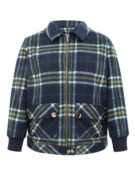 Plaid Button Detail Pocket Zipper Jacket