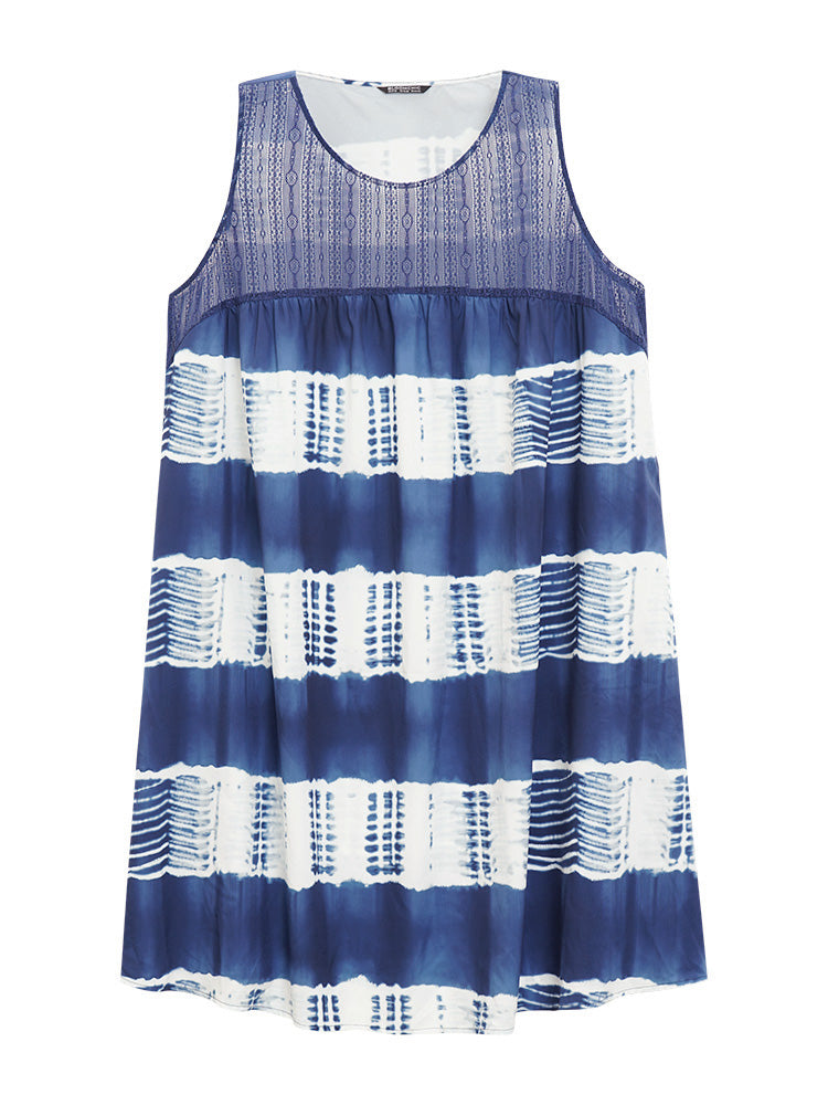 Tie Dye Mesh Patchwork Ruffle Hem Tank Dress