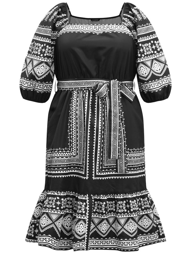 Boho Print Square Neck Belted Dress