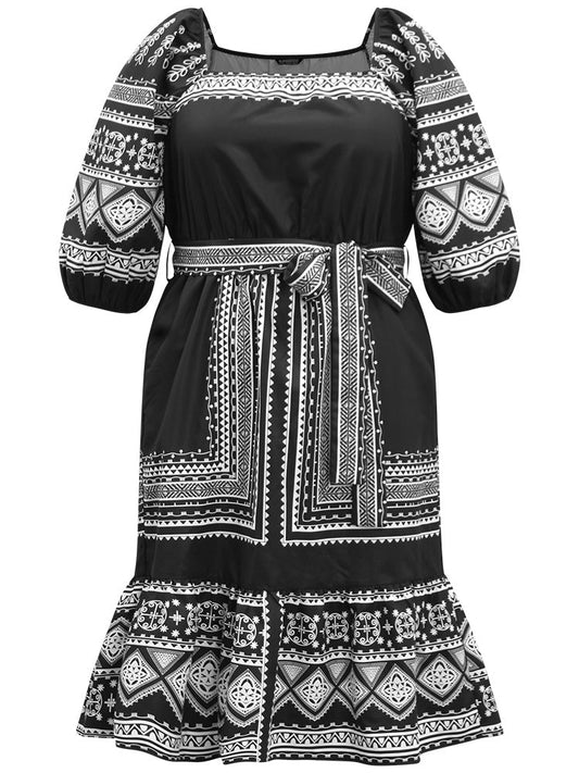 Boho Print Square Neck Belted Dress