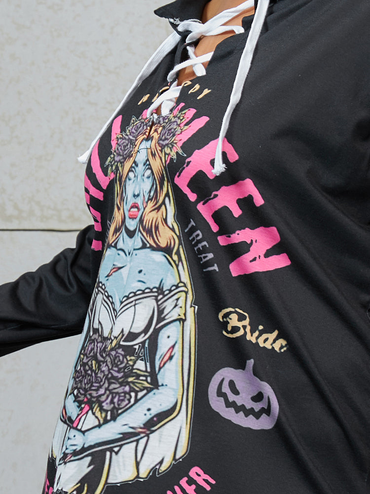 Graphic Print Front Lace Up Sweatshirt Dress