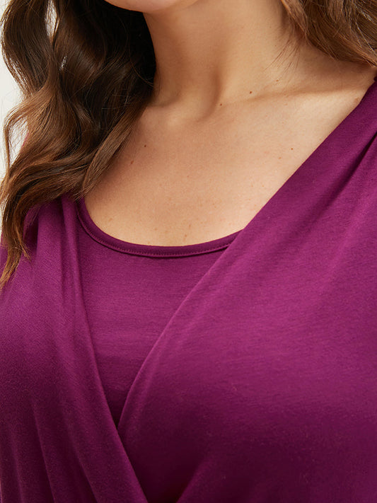 Solid Round Neck Lantern Sleeve Gathered Wrap Long Tee