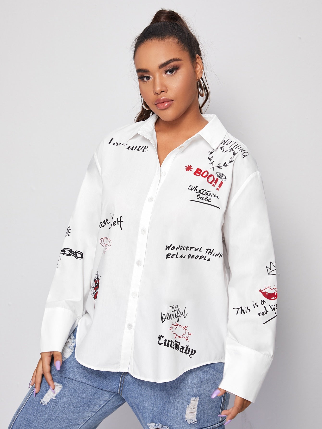 Slogan Graphic Drop Shoulder Blouse