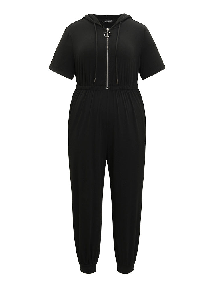 Plain Hooded Drawstring Zipper Elastic Waist Jumpsuit