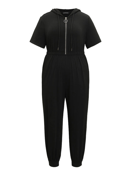 Plain Hooded Drawstring Zipper Elastic Waist Jumpsuit