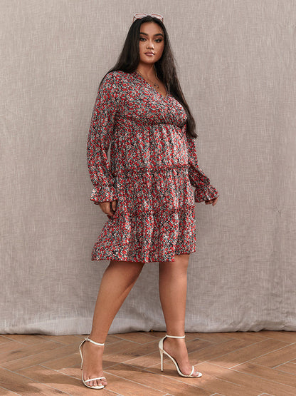 Floral V-Neck Frill Trim Teired Dress