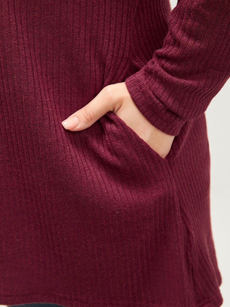 Solid Funnel Neck Pocket Rib Knit High Low Hem Long Tee