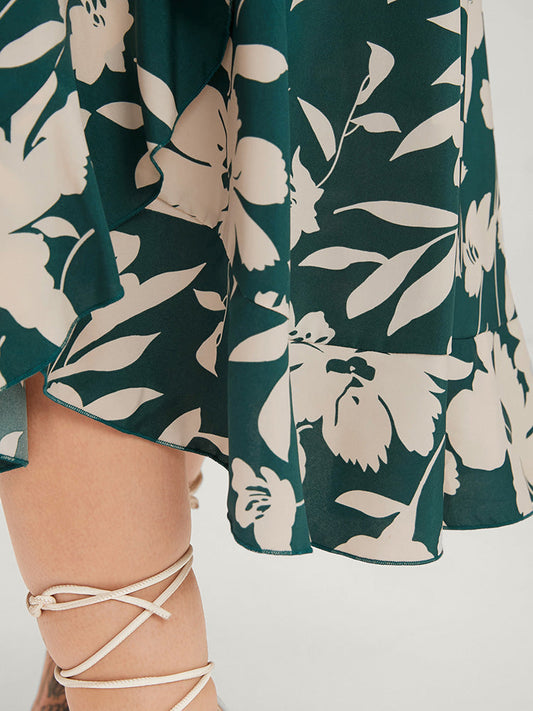 Floral Print Lantern Sleeve Shirred Pocket Wrap Ruffle Belted Dress