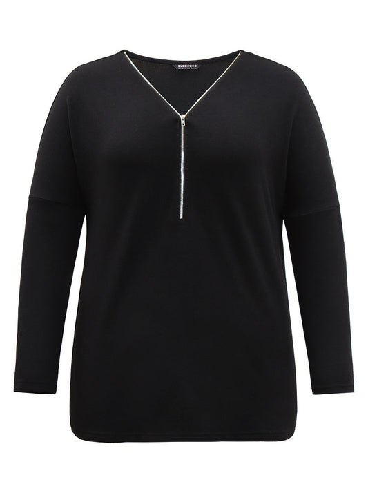 Solid Zipper Detail Patchwork T-shirt