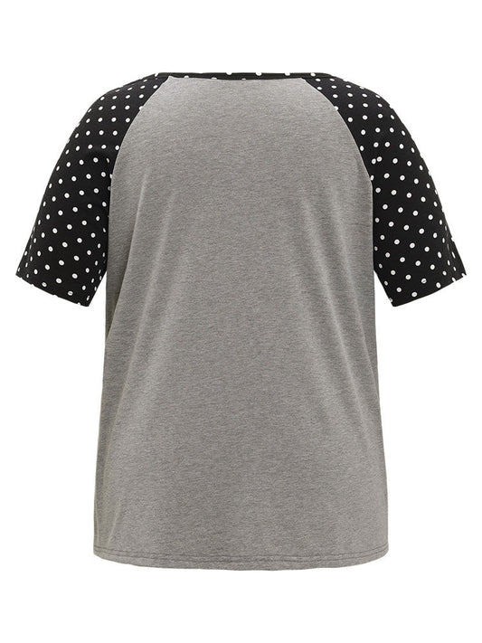 Polka Dot Patchwork V Neck Raglan Sleeve T-shirt