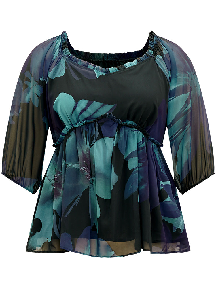 Square Neck Floral Frill Trim Mesh Ruffles Blouse